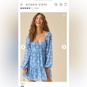 Altar'd State Blue Floral Square-Neck Tiered Long-Sleeve Dress